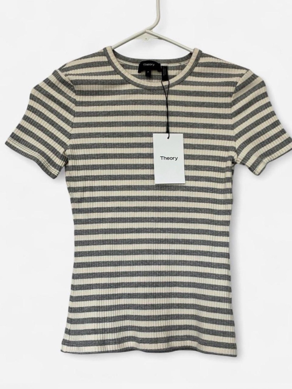 Theory Striped Ribbed Short Sleeve Tee in Gray and Cream